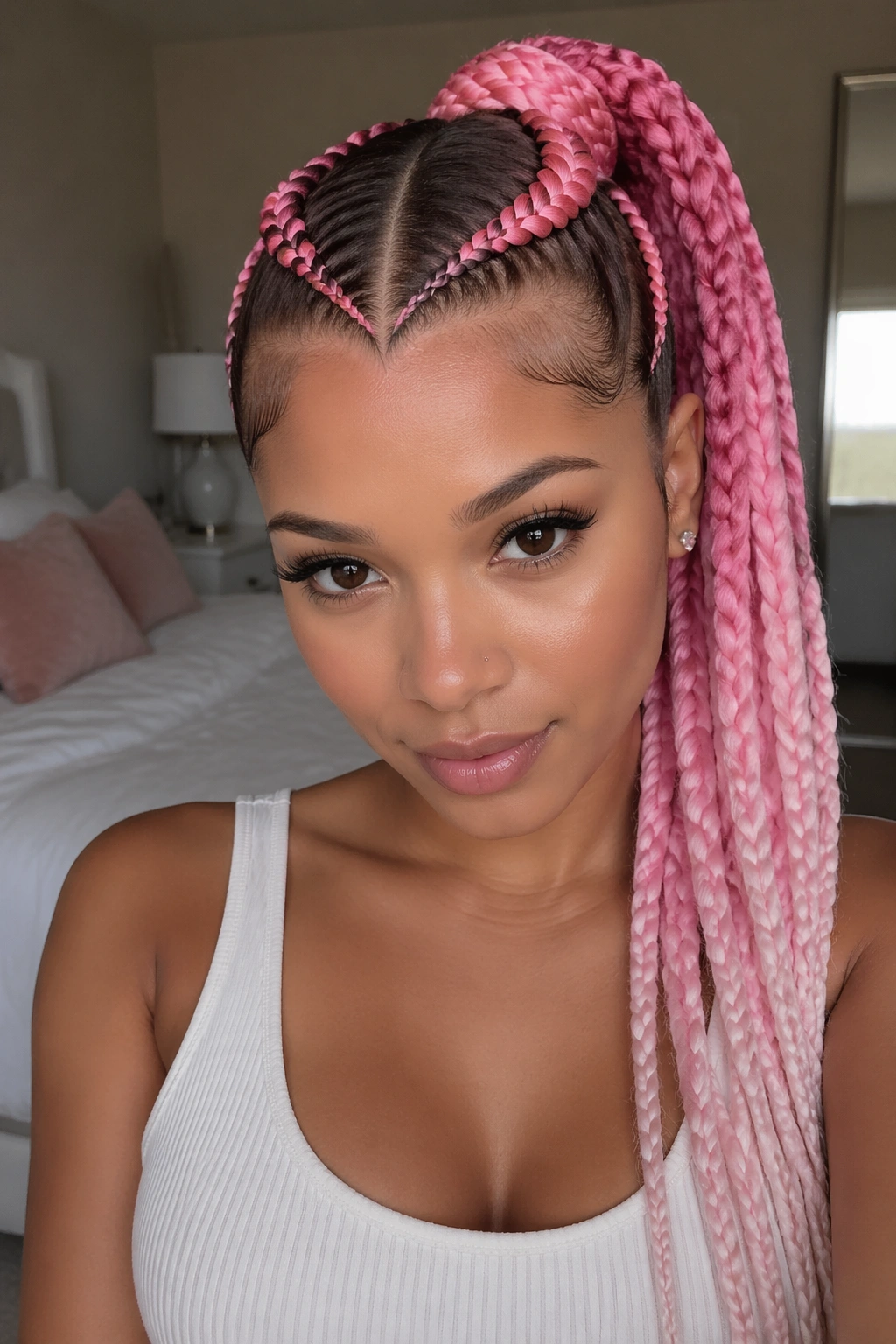 Close-up of Heart-Part Pink Braided Ponytail with heart-shaped part on a real person