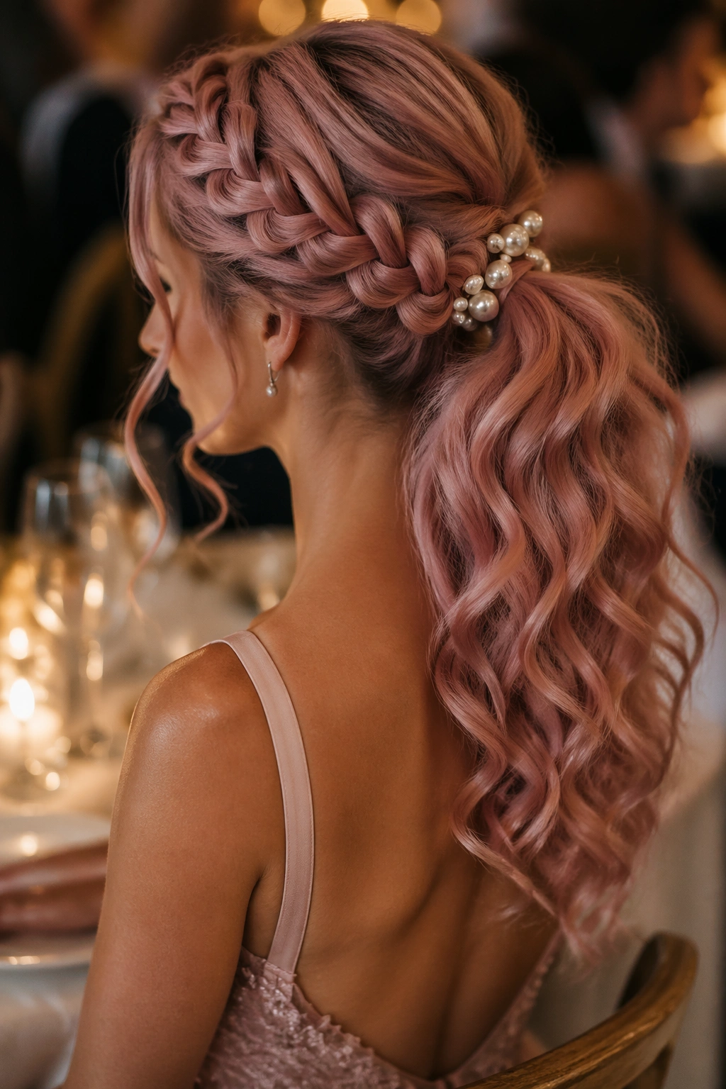 Woman with pink braided ponytail, curls, and pearl pins