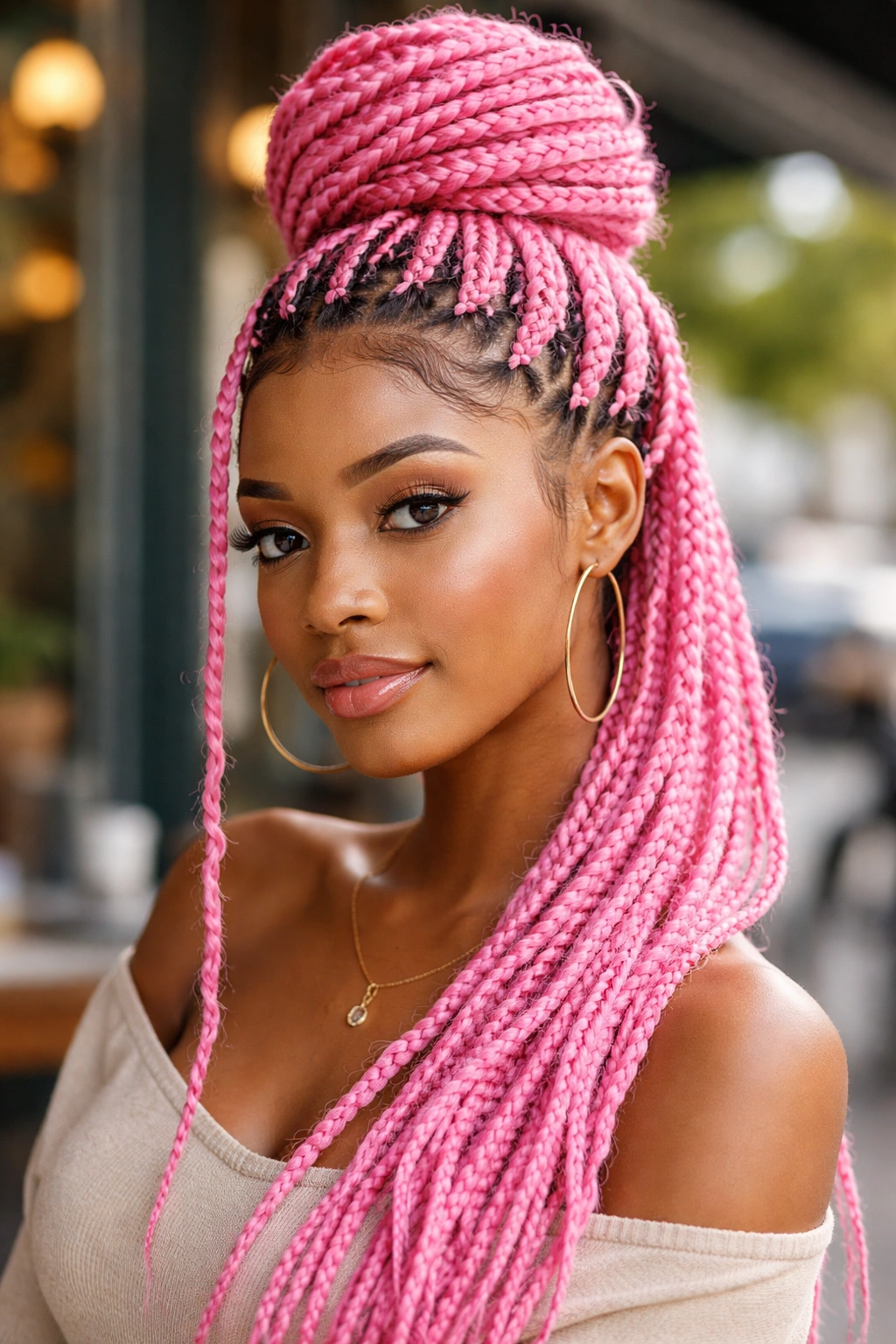 Real woman with pink braided updo extensions, head-and-shoulders portrait