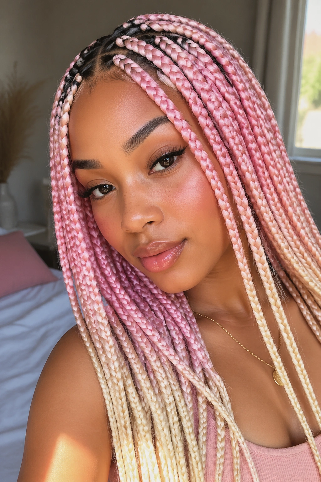 Close-up of a real person with pink-to-blonde candy floss braids in natural window light
