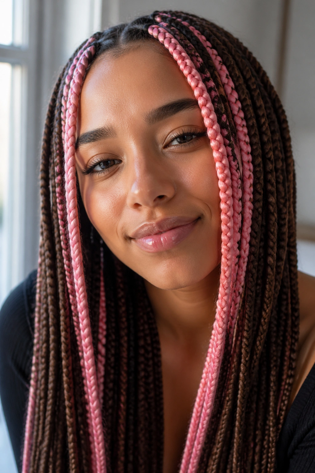 Real woman with pink face-framing braids highlighted against brown hair.
