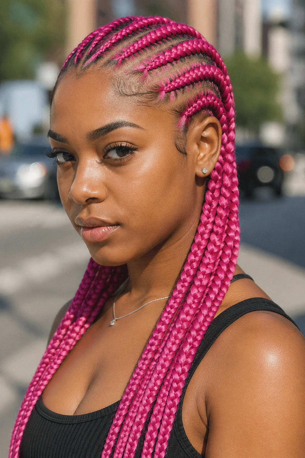Real woman with hot pink cornrows across the head