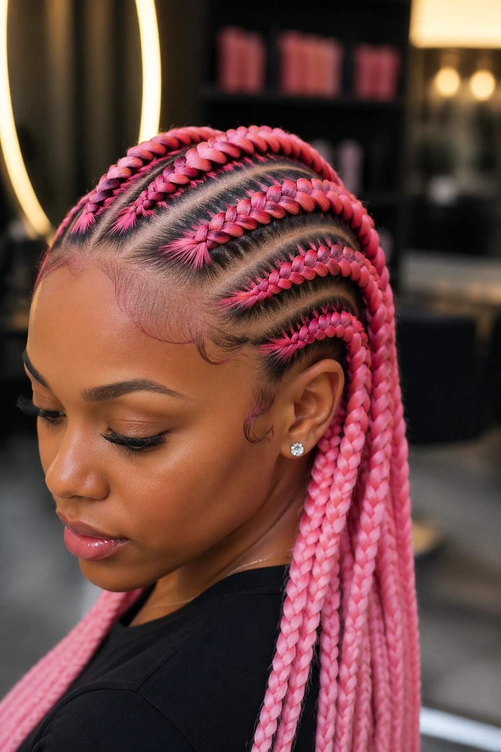Real woman with pink cornrows using synthetic pink extensions braided in.