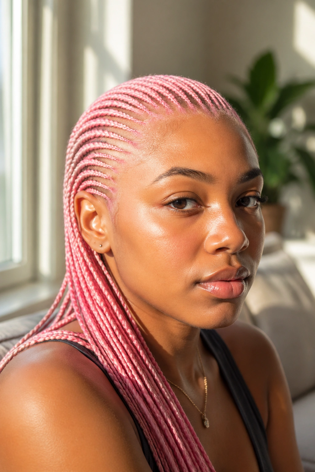 Close-up of a real woman with bubblegum pink micro cornrows filling the frame