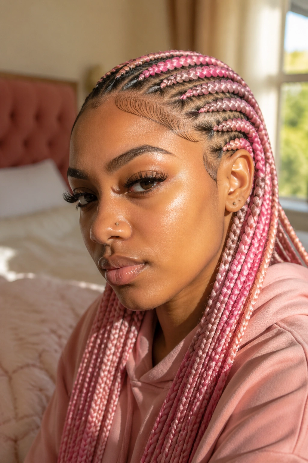 Close-up of a real woman with pink cornrows catching light along each braid.