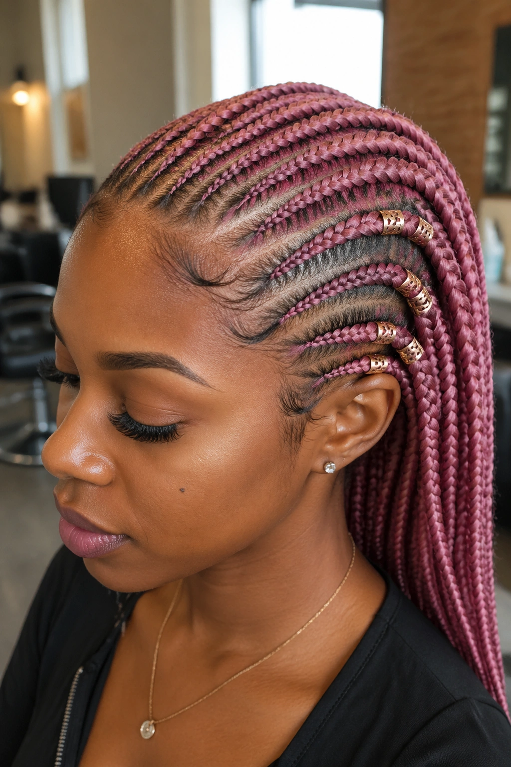 Close-up of a real woman with pink cornrows and rose gold cuffs on mid-length braids