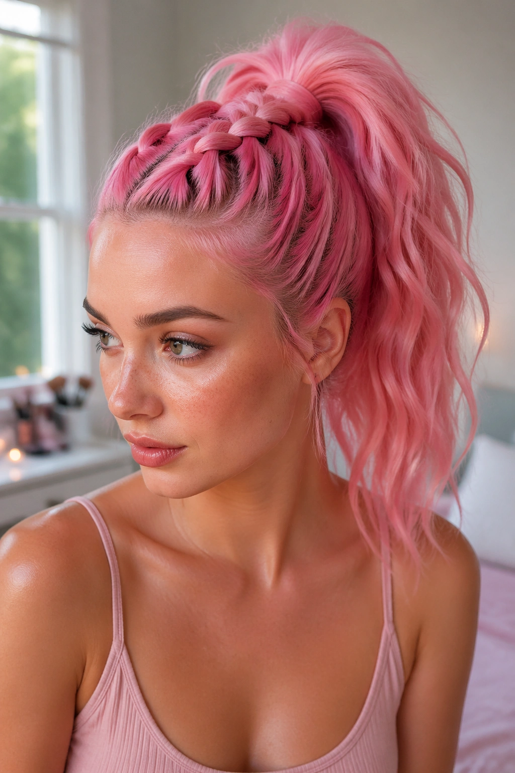 Close-up portrait of a woman with a high crown pink Dutch braid feeding into a ponytail