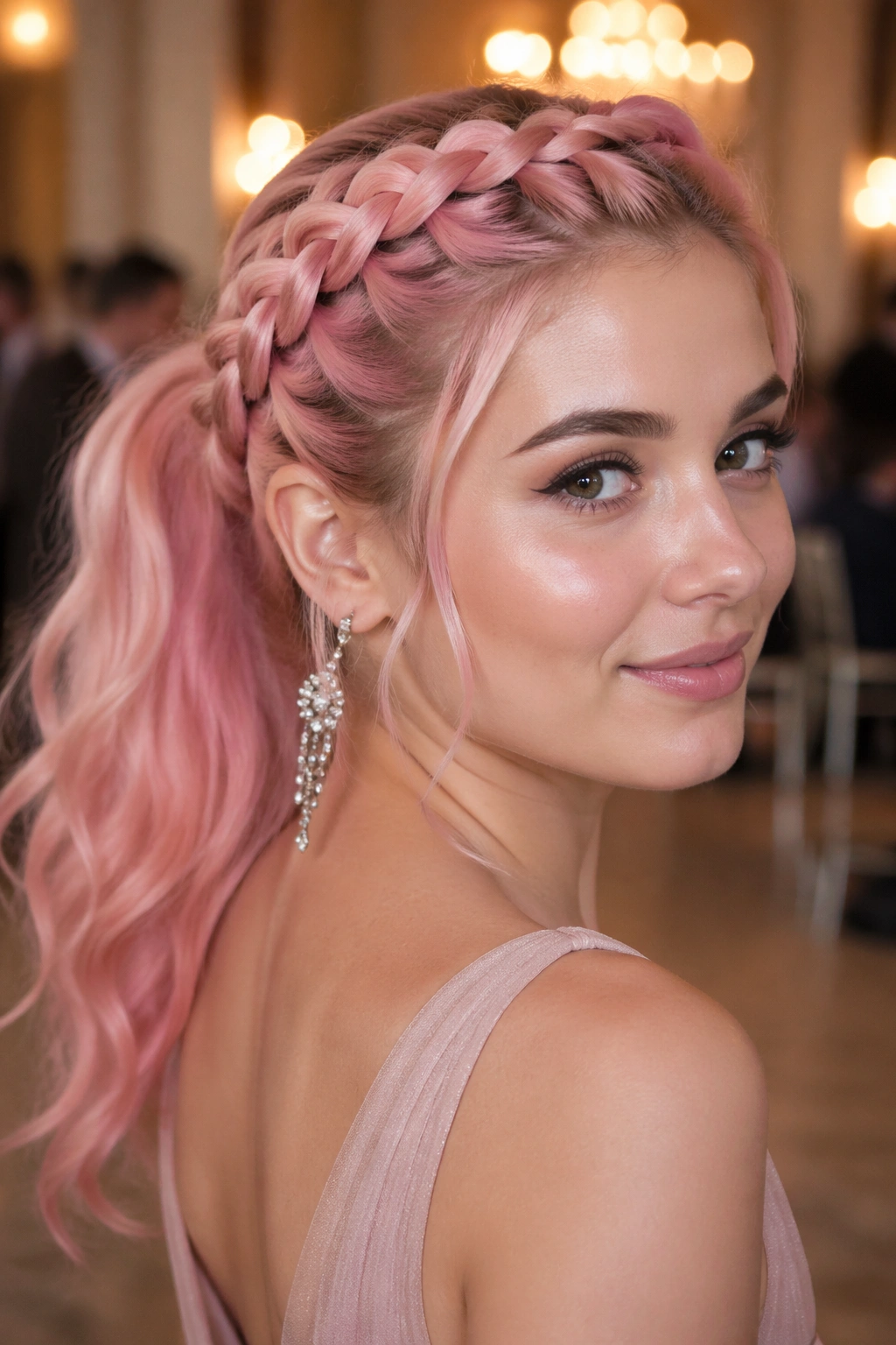 Woman with crown braid framing head and pink ponytail
