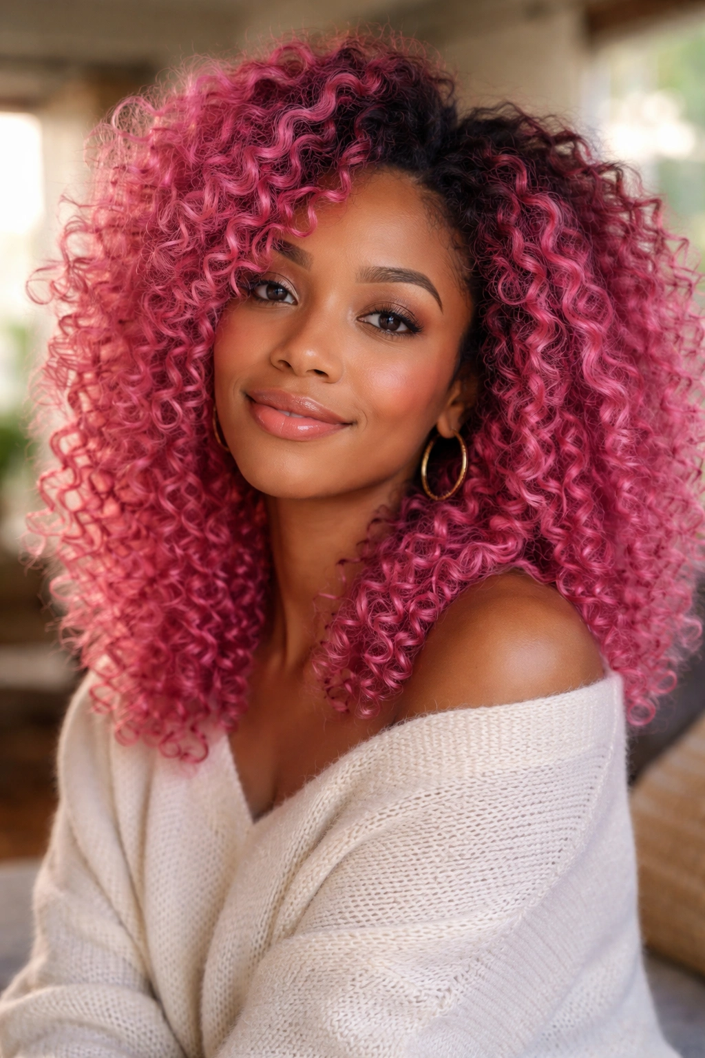 Close-up portrait of a real woman with pink dyed natural curls in a cozy room