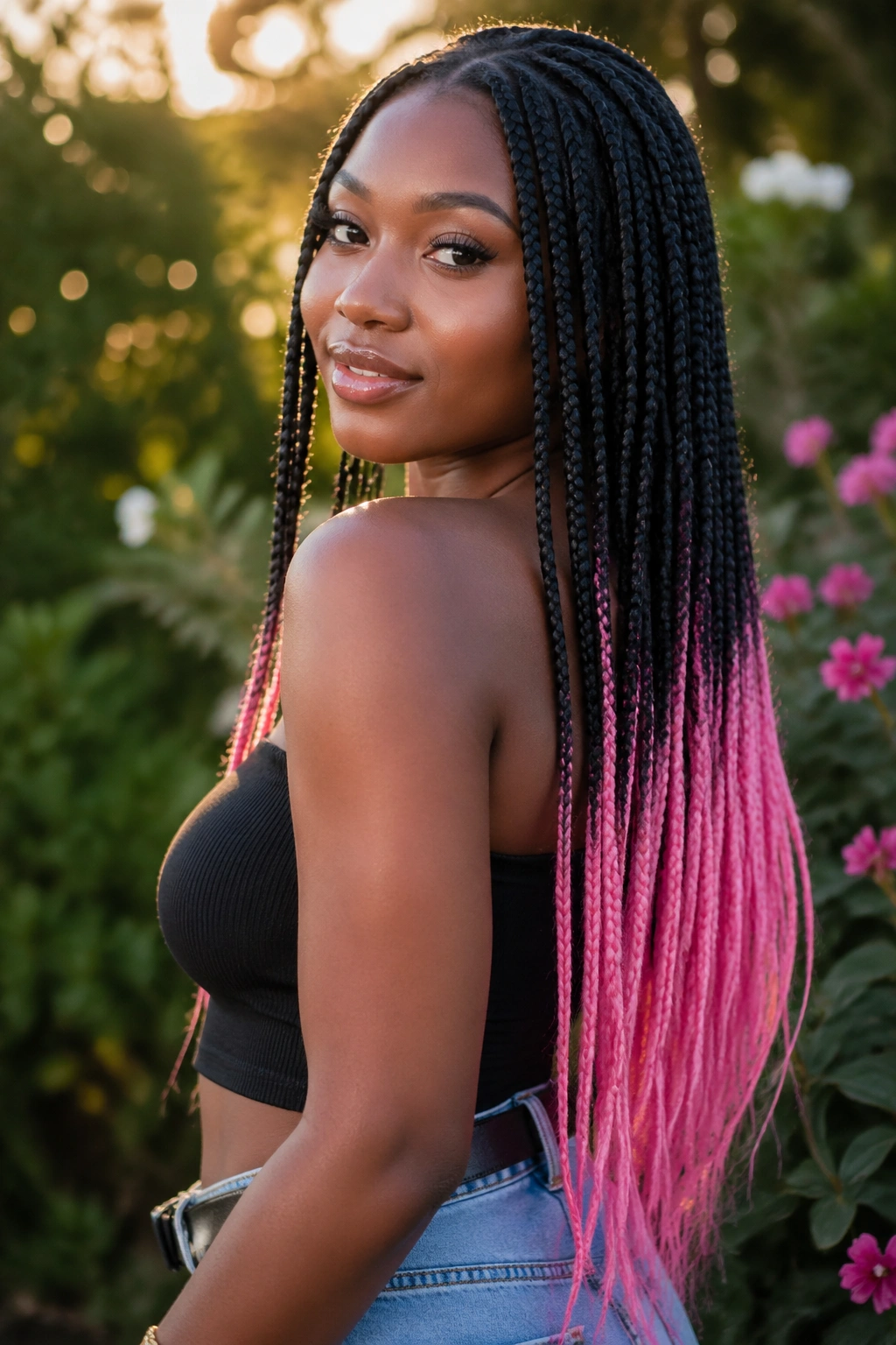 Close-up of a real woman with jet-black braids ending in bubblegum pink.