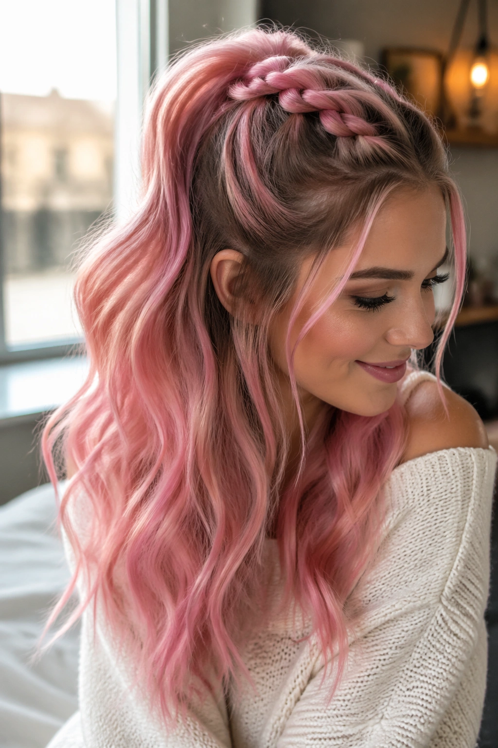 Close-up of Half-Up Pink Braided Ponytail with Loose Waves on a real person in natural window light