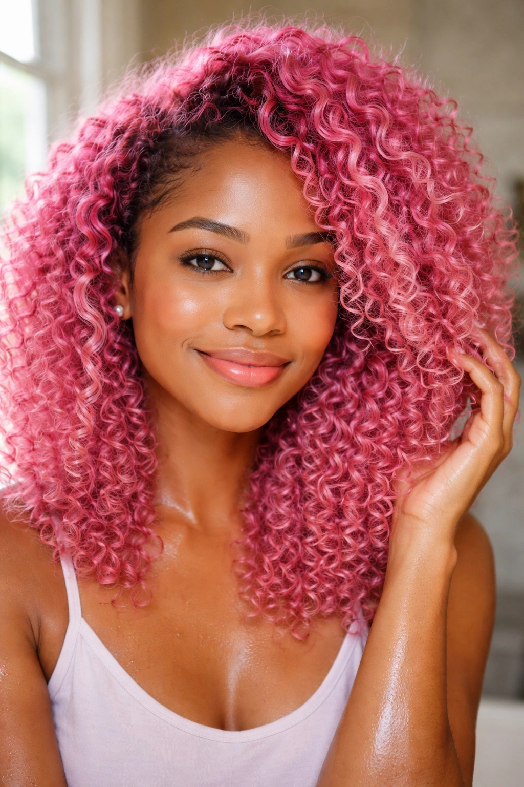 Portrait of woman with pink curls maintaining color with conditioner
