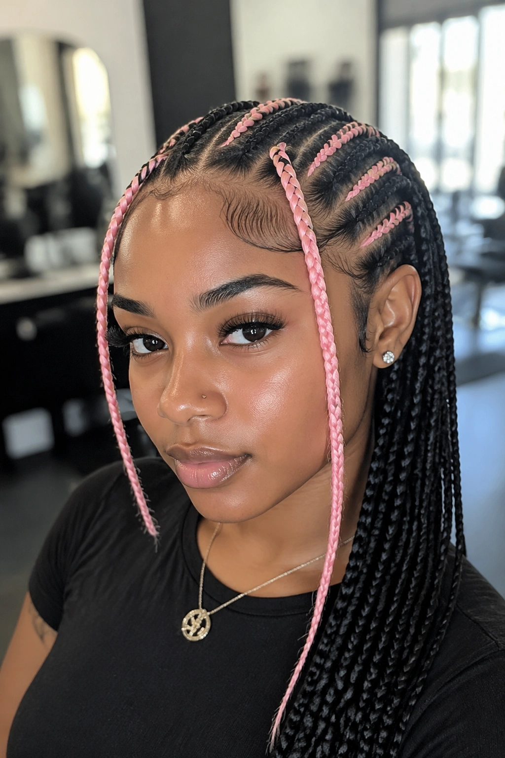 Portrait of a woman with black cornrows featuring pink streaks in the front.