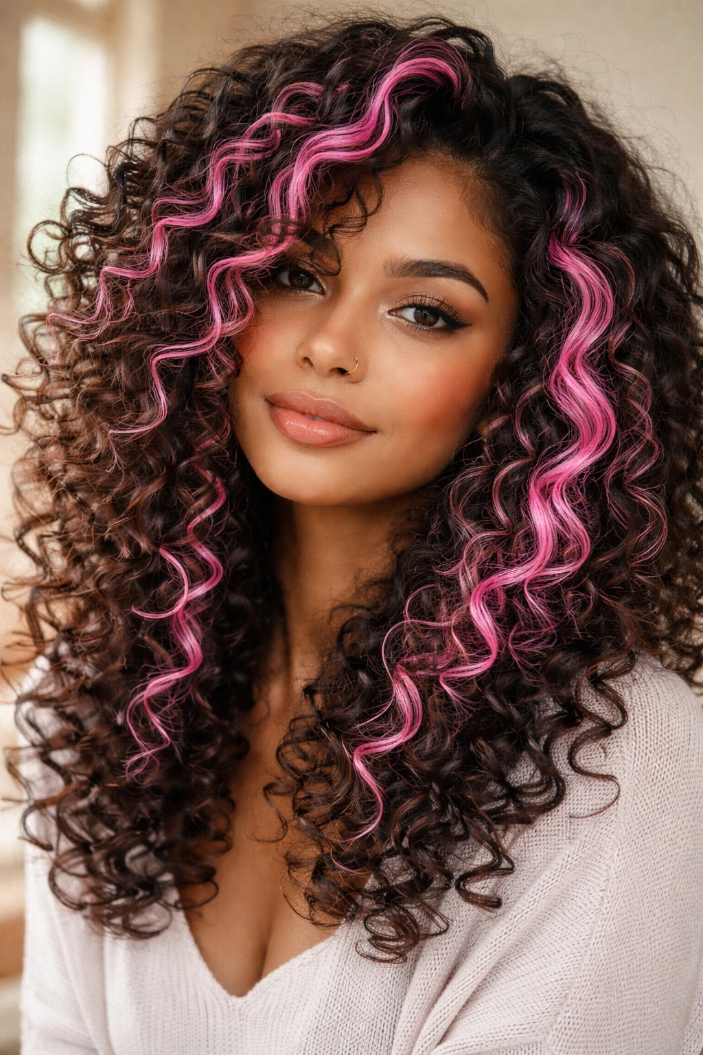 Close-up portrait of a real woman with dark curls and bubblegum pink highlights