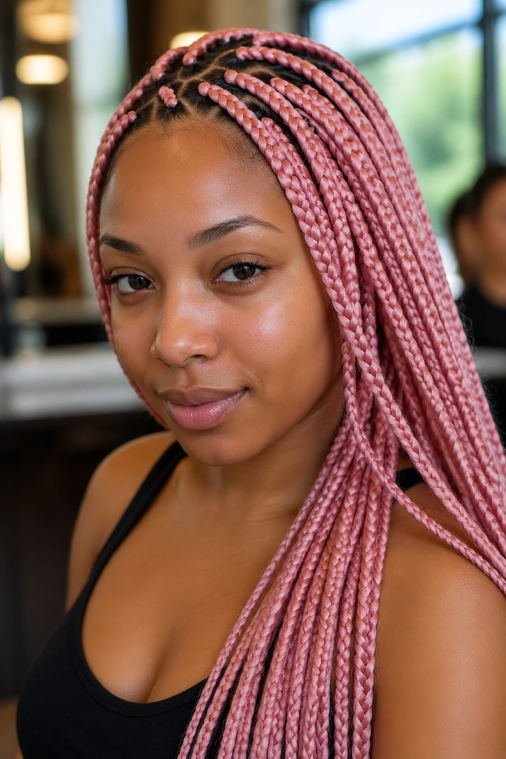 Close-up portrait of a real woman with pink knotless box braids.
