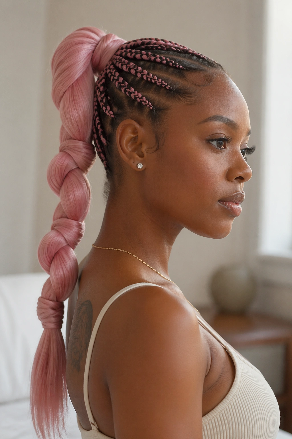 Woman with knotted pink rope ponytail