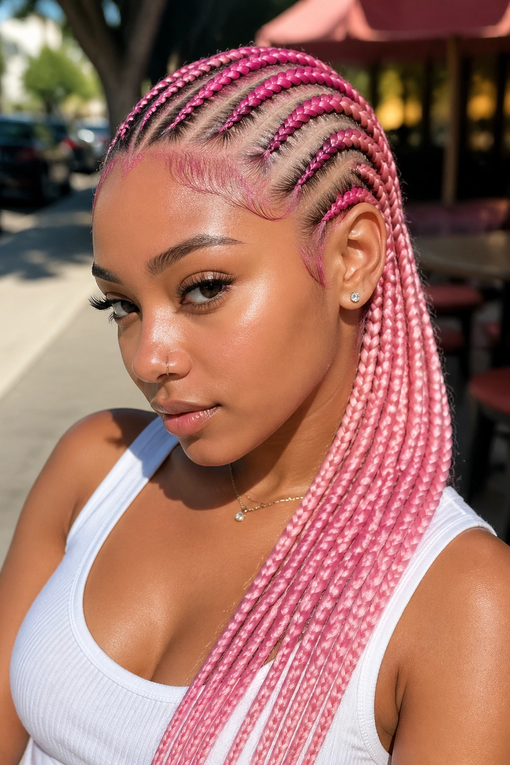 Portrait of a woman with diagonal pink lemonade braids from part to shoulder.