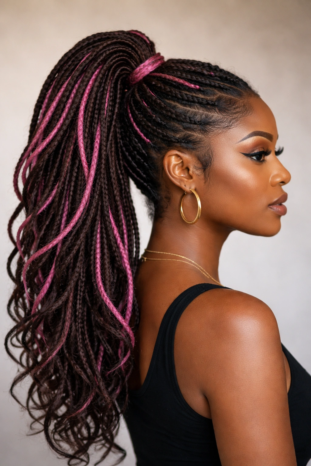 Pink locs ponytail with pink accents and textured weight