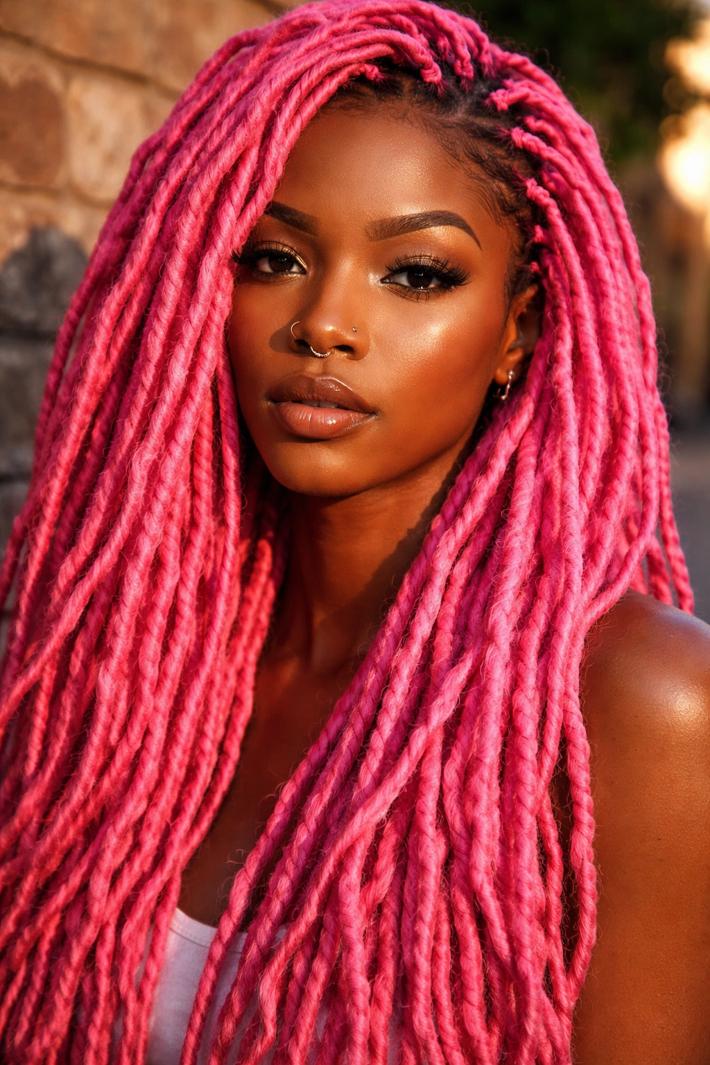 Close-up portrait of a real person with flamingo pink locs
