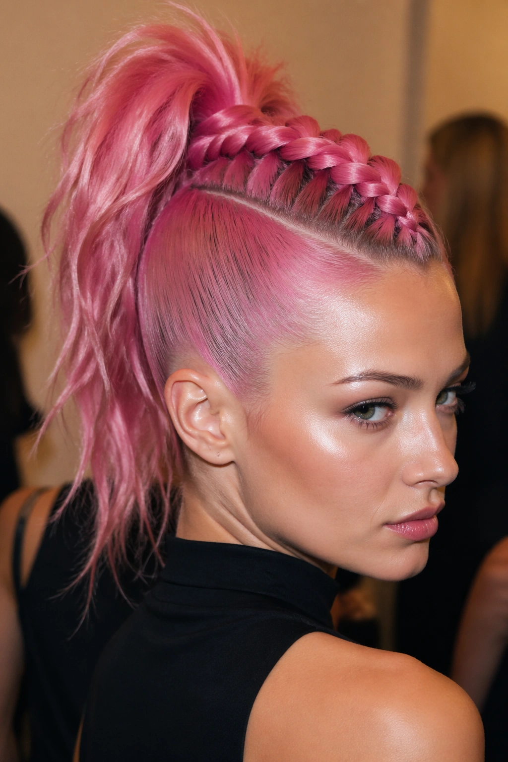 Close-up of a woman's pink mohawk ponytail with central ridge braid