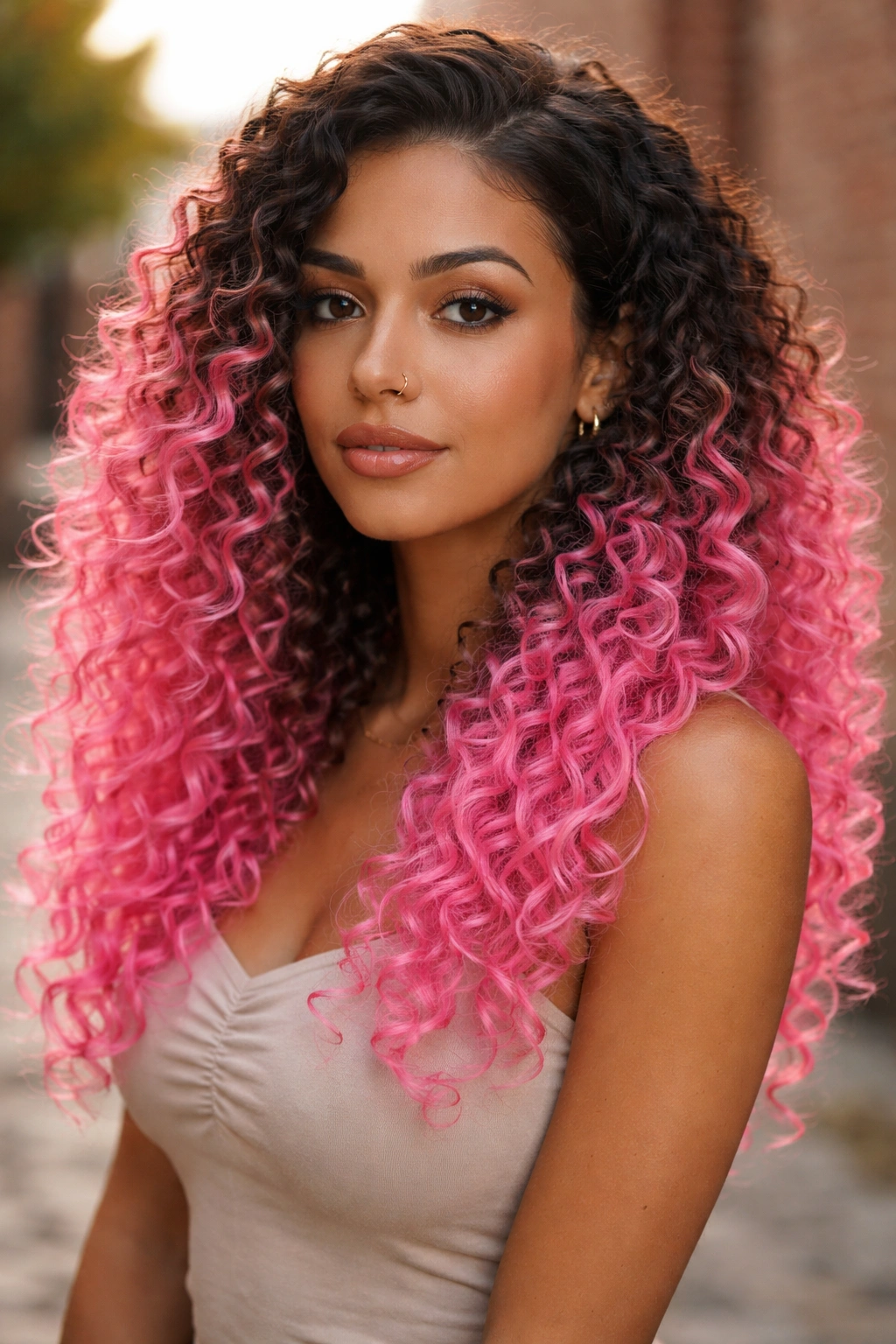 Real woman with pink ombre on curly hair fading from roots to tips