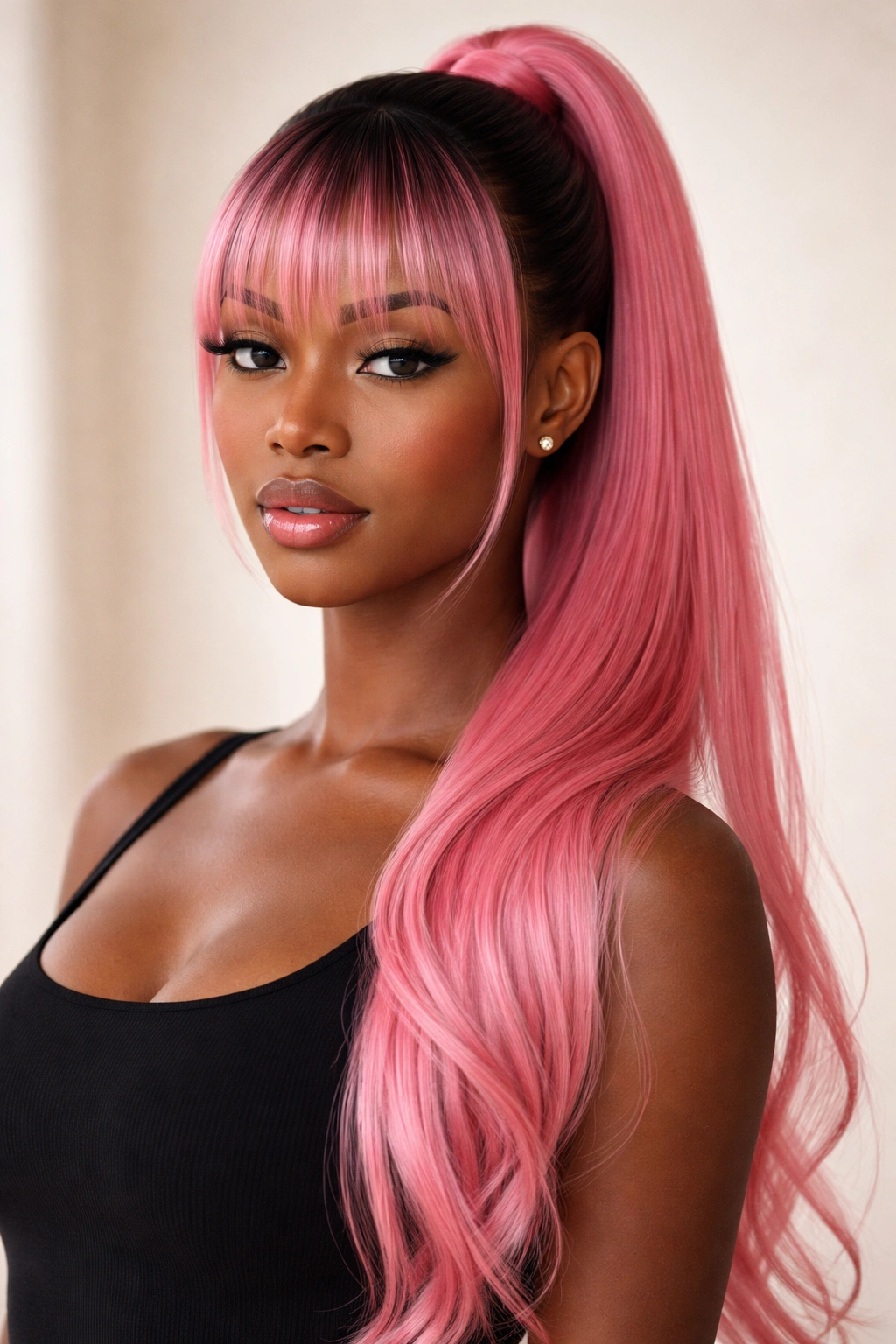 Long pink ponytail with blunt bangs framing the face against a neutral background