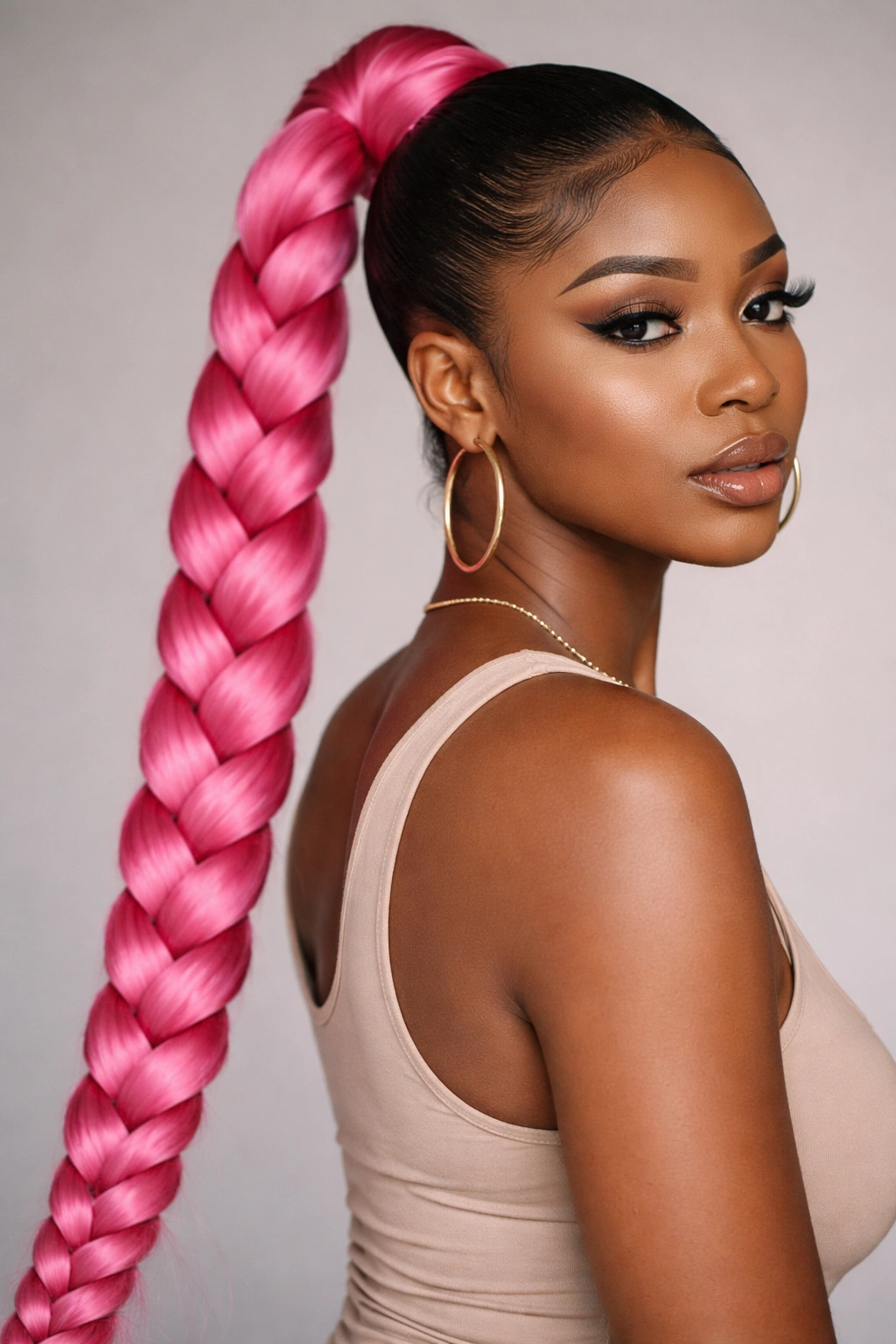 Close-up of a jumbo pink braided ponytail with a glossy high ponytail against a neutral studio backdrop