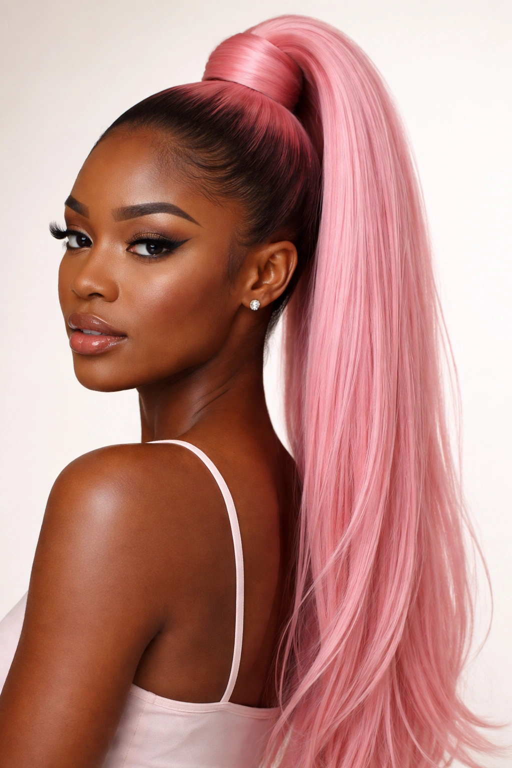 Close-up of a sleek high ponytail in bright pink with a wrapped base