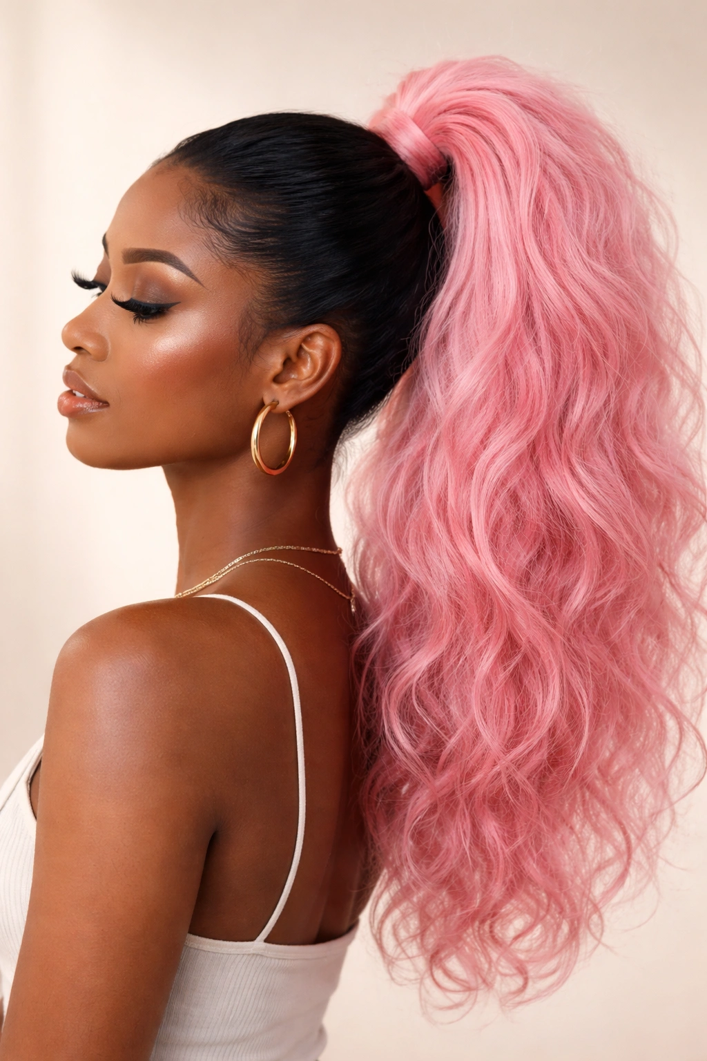 Fluffy pink ponytail with textured surface and natural movement against a neutral background