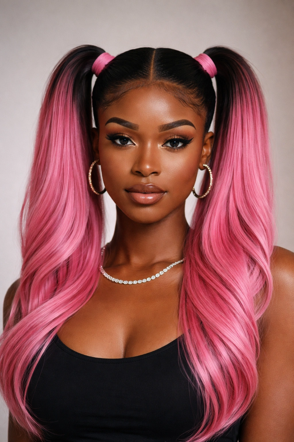 Twin pink ponytails at symmetrical heights on a neutral background