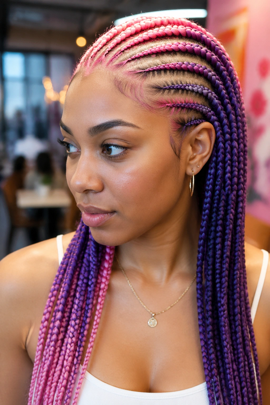 Portrait of a woman with pink and purple braided sections across the head.