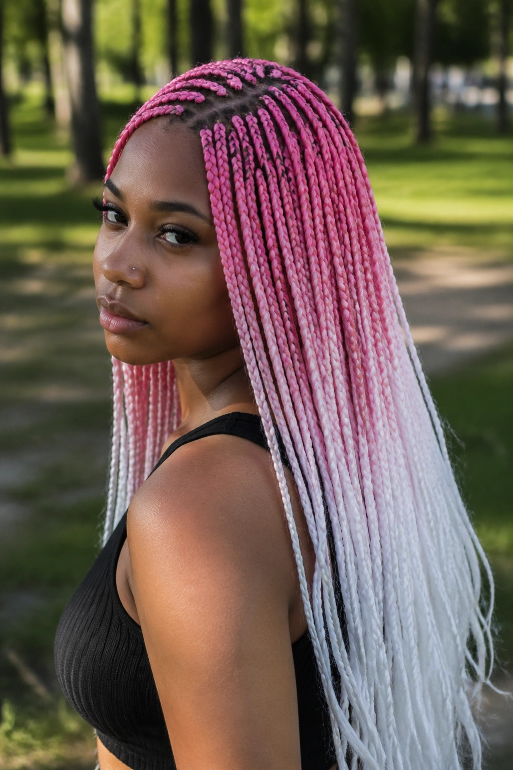 Close-up of pink-to-white fade in long box braids on a real person outdoors.