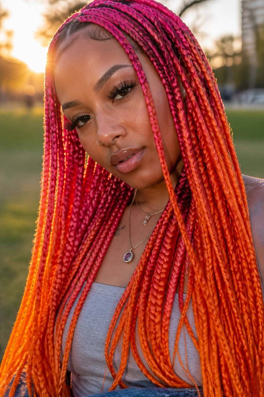 Close-up of hot pink roots and orange tips on long box braids in golden hour lighting