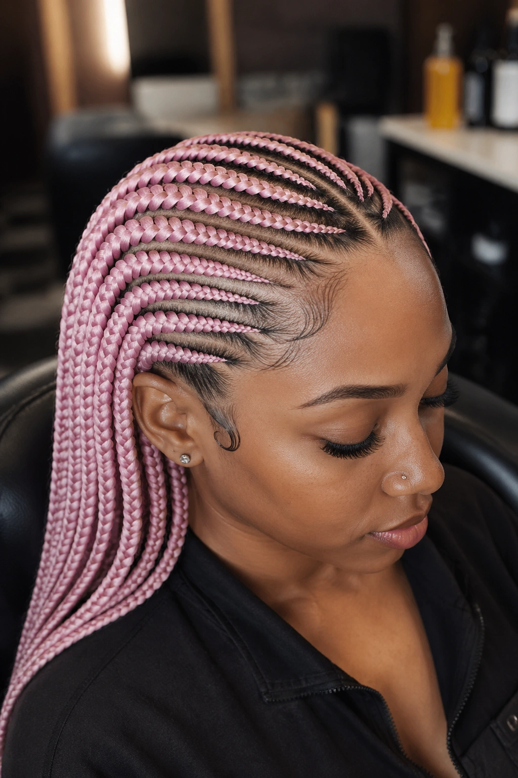 Close-up of a real woman's pink cornrows in a blush shade.