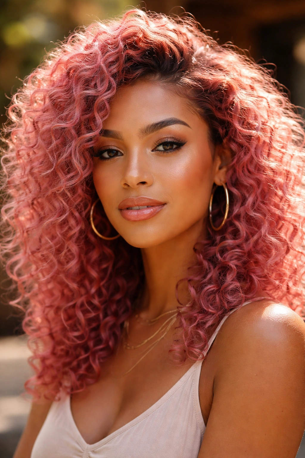 Portrait of pink-haired woman showing shade choices for skin tone