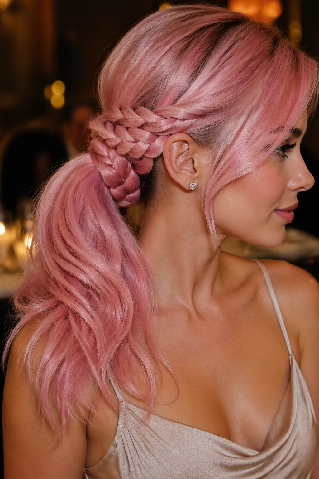Profile of a woman with side pink ponytail and braid wrap