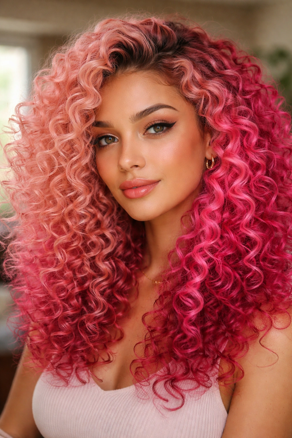 Portrait of a woman with gradient pink hair showing spectrum shades