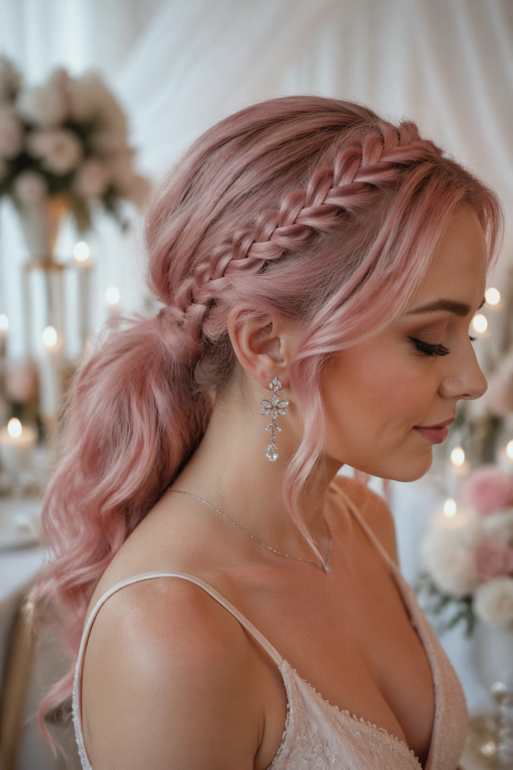 Bride-like woman with low pink ponytail and soft side braids