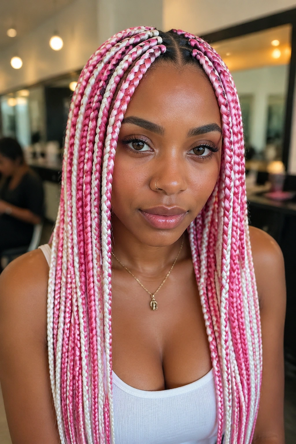Close-up portrait of a real person wearing classic alternating pink and white box braids.