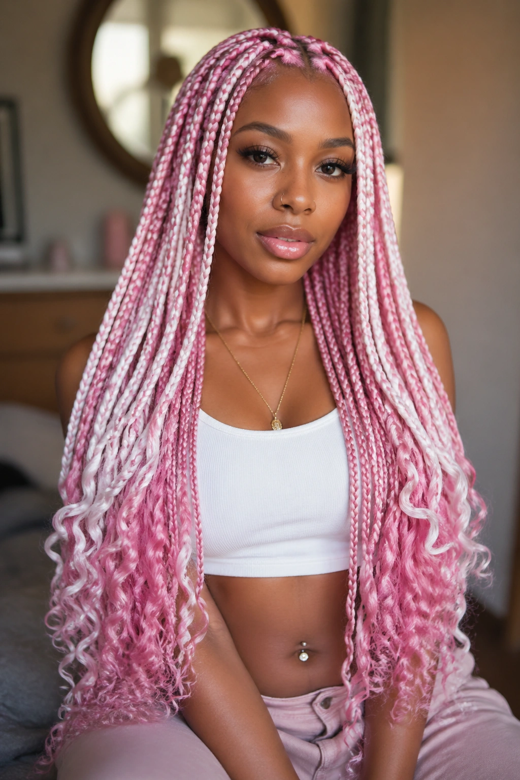 Portrait of a real woman with waist-length pink and white braids ending in curls.
