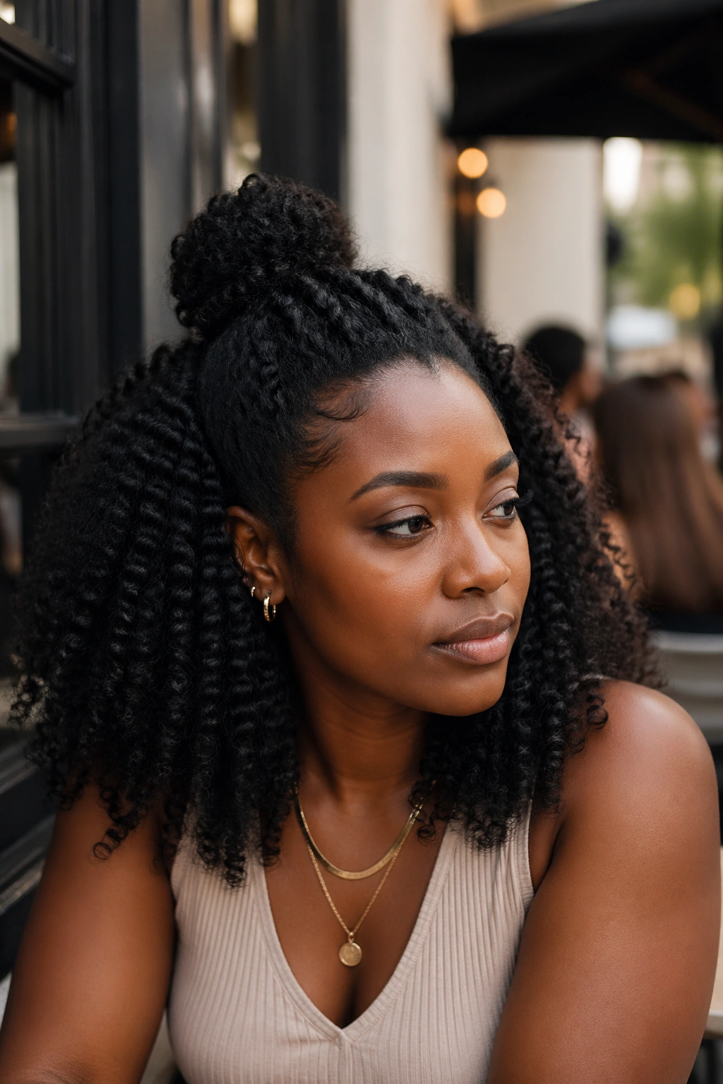 Portrait of a real person with crochet afro pinned back into a crown bun.