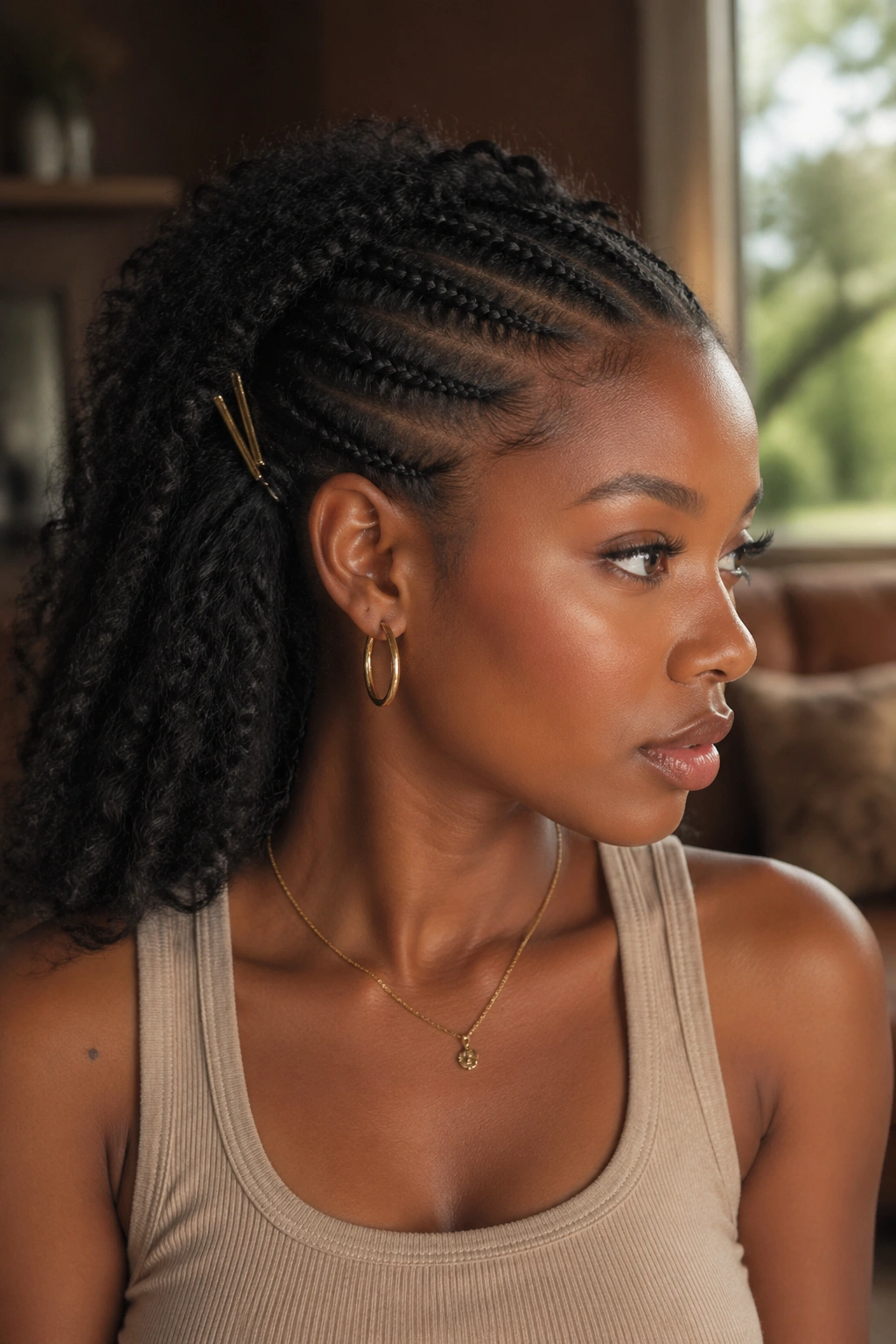Close-up of a real woman with pinned-back loose hair under half cornrows
