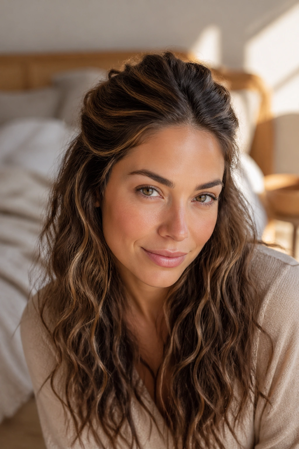 Close-up portrait of a real woman with a pinned-back crown hairstyle