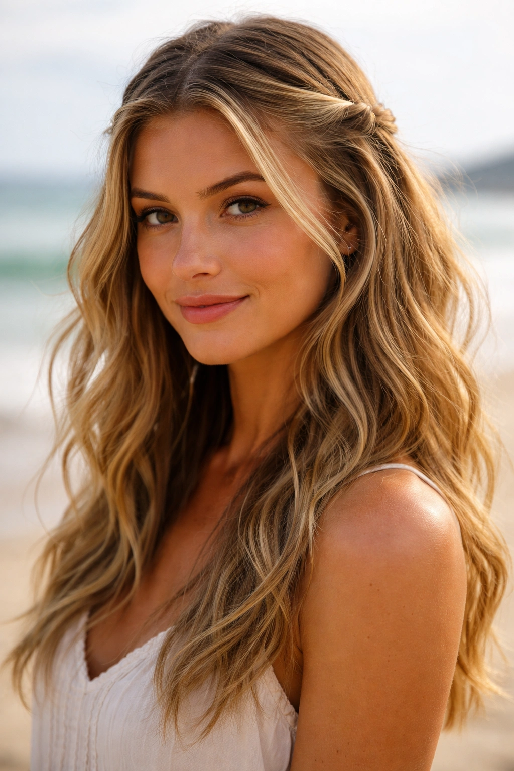Close-up of a real woman with front sections pinned back and loose waves on a beach
