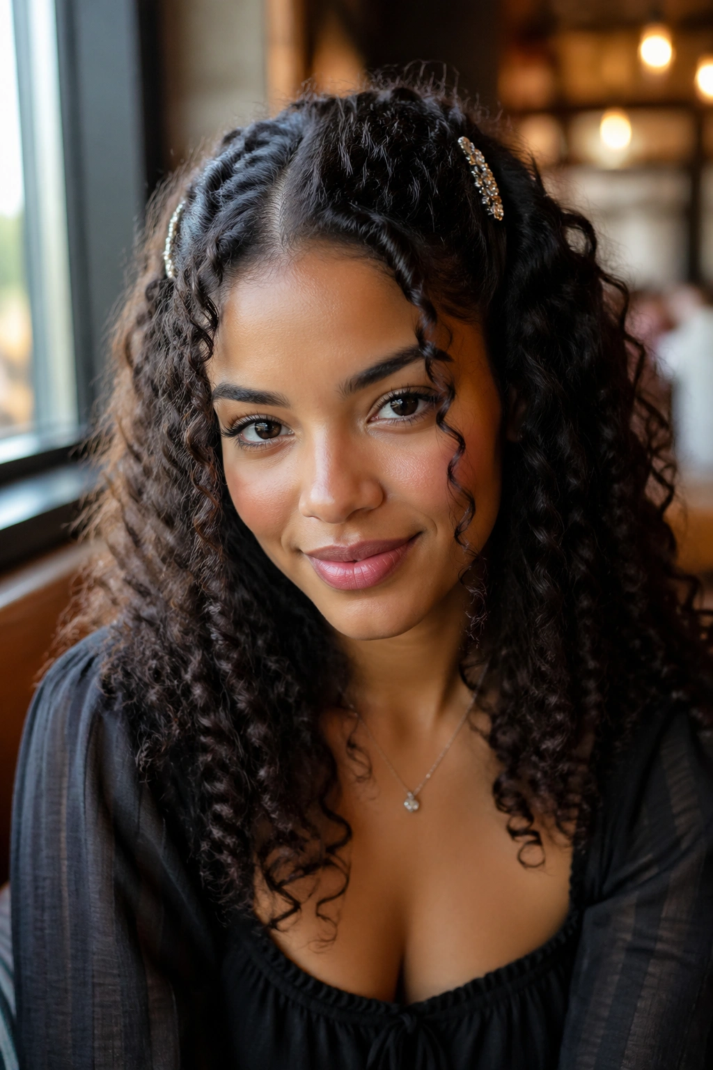 Close-up of a real woman with front curls pinned back by jeweled clips