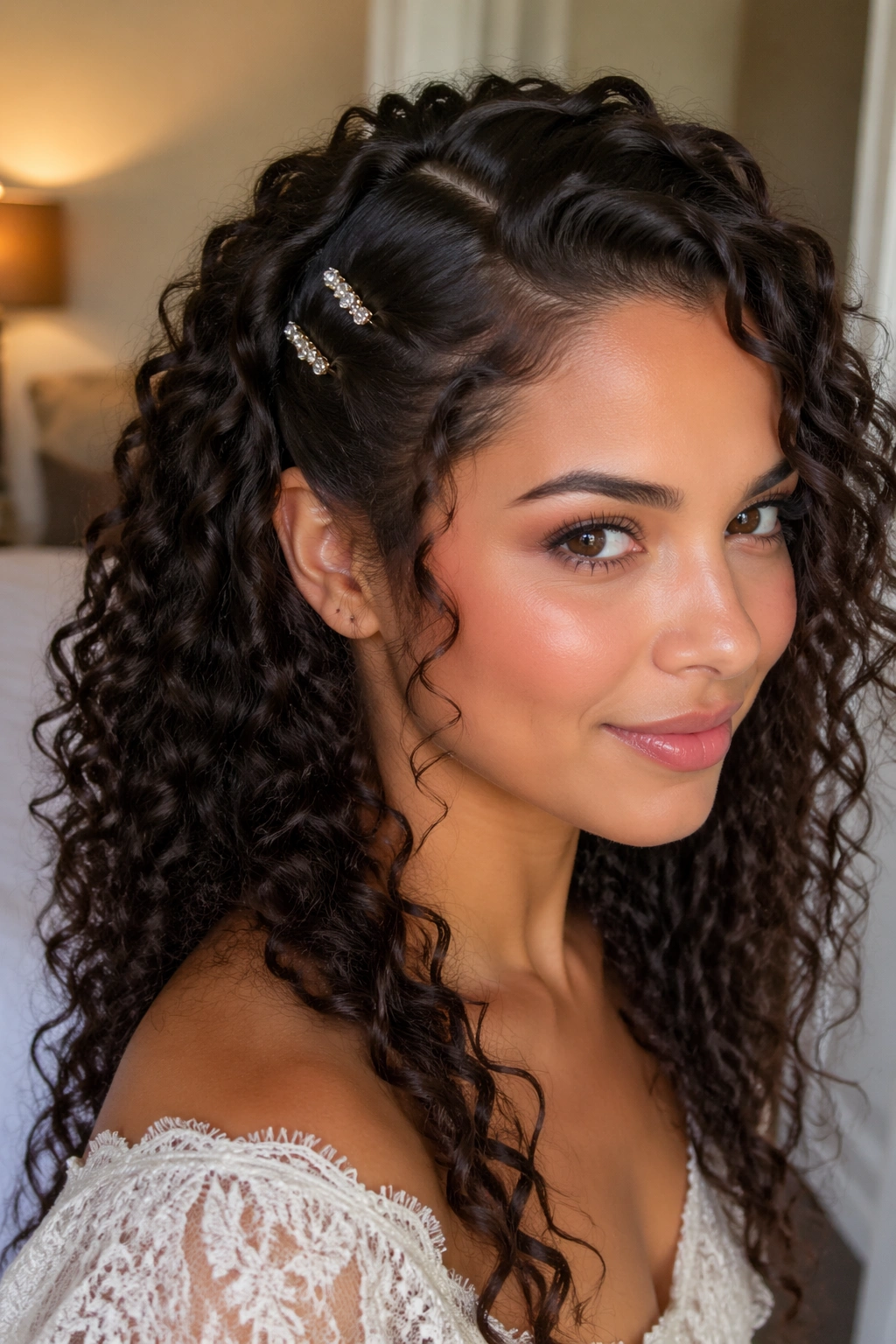 Portrait of woman with deep side part and jeweled clips.