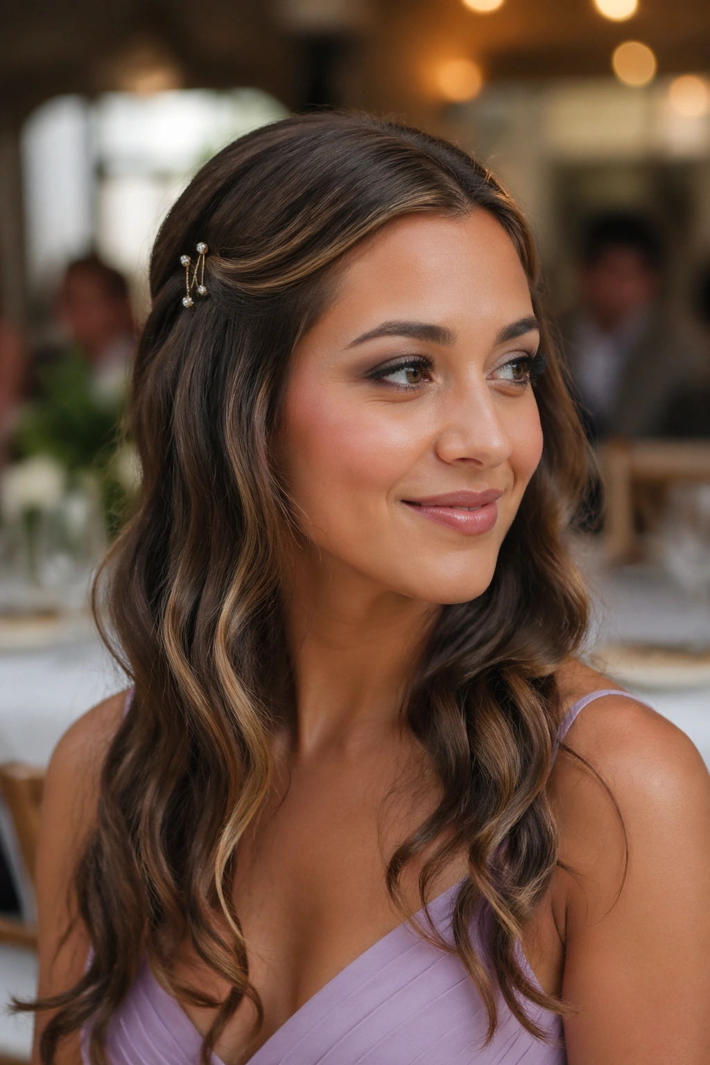 Close-up of a real woman with pinned-back sides and open waves