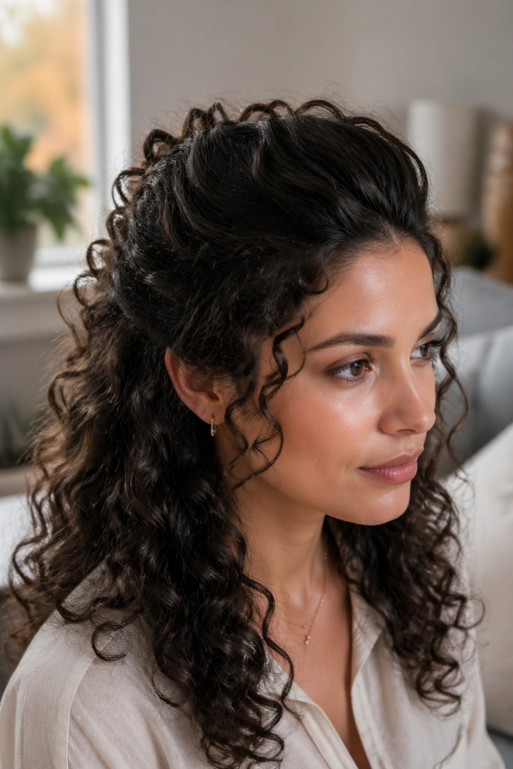 Close-up of a real woman with Pinned-Back Pouf and Crown Lift, crown lift at the front.