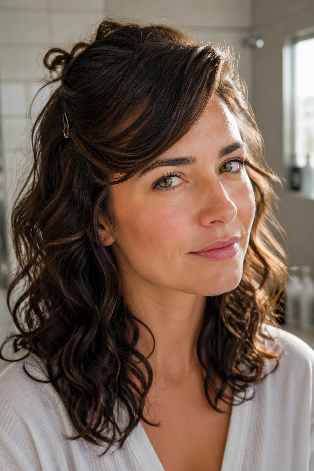 Close-up of a real woman with pinned-back side bangs in morning light