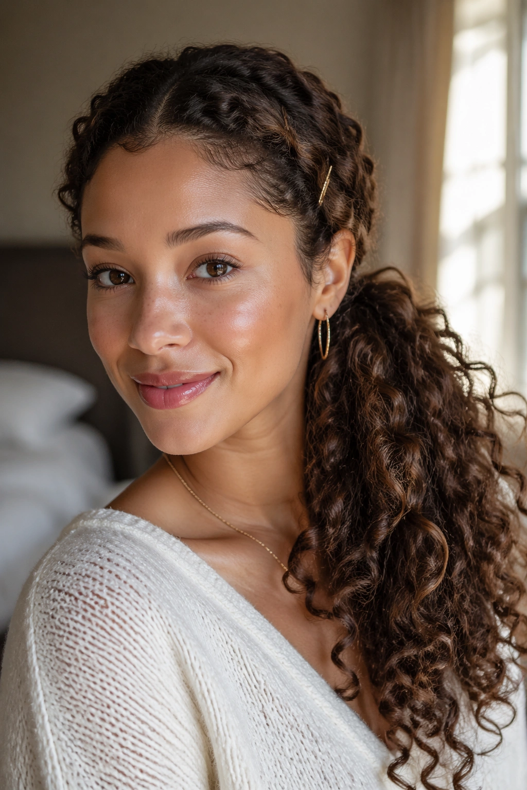 Close-up of a real woman with a pinned-back side ponytail and curly hair in warm window light